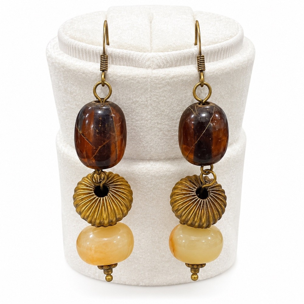 Vtg Resin Dangle Earrings Brass Tone Pierced Boho Statement Late 20th Century